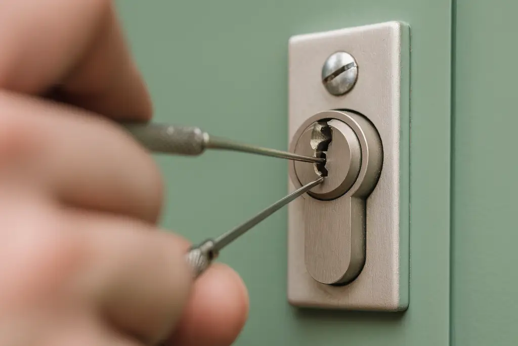Locksmith picking a door lock with tools
