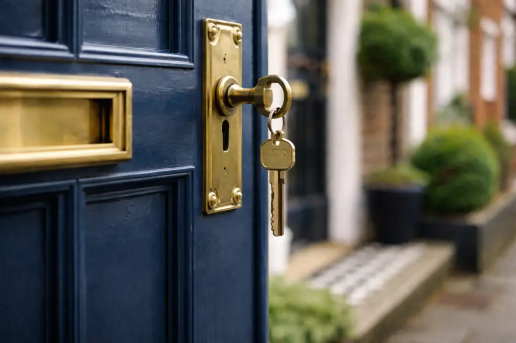 House key in a blue front door lock with brass handle