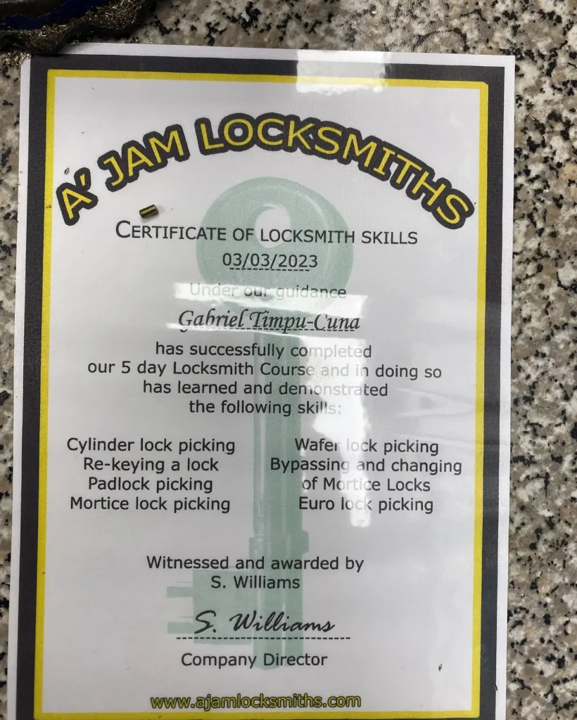 Locksmith skills training certificate