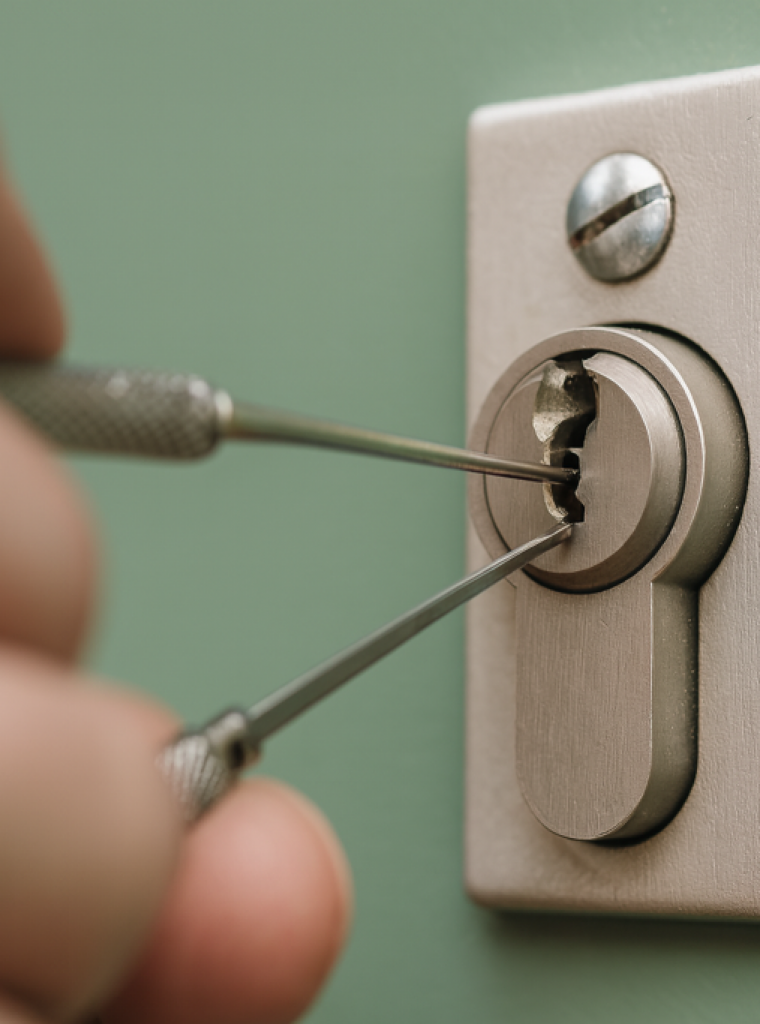Locksmith picking a door lock with tools