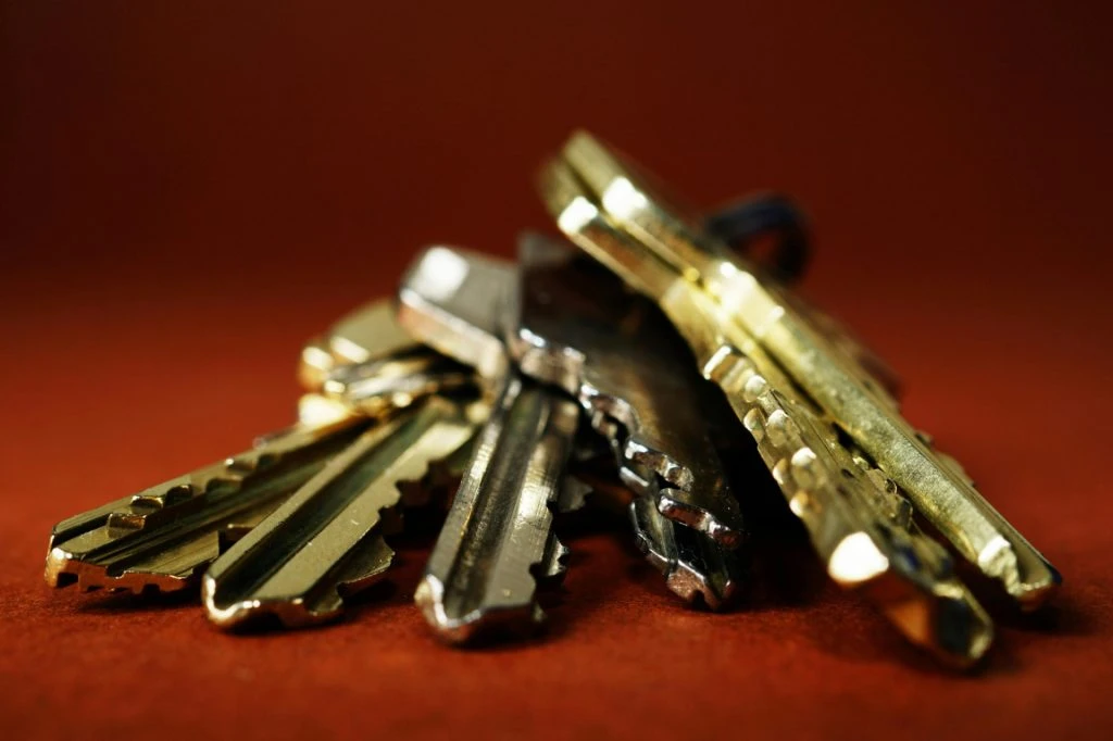 Set of metal house keys on red surface close-up